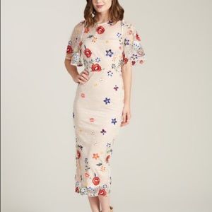 Nude Midi dress w multicolor embroidered flowers